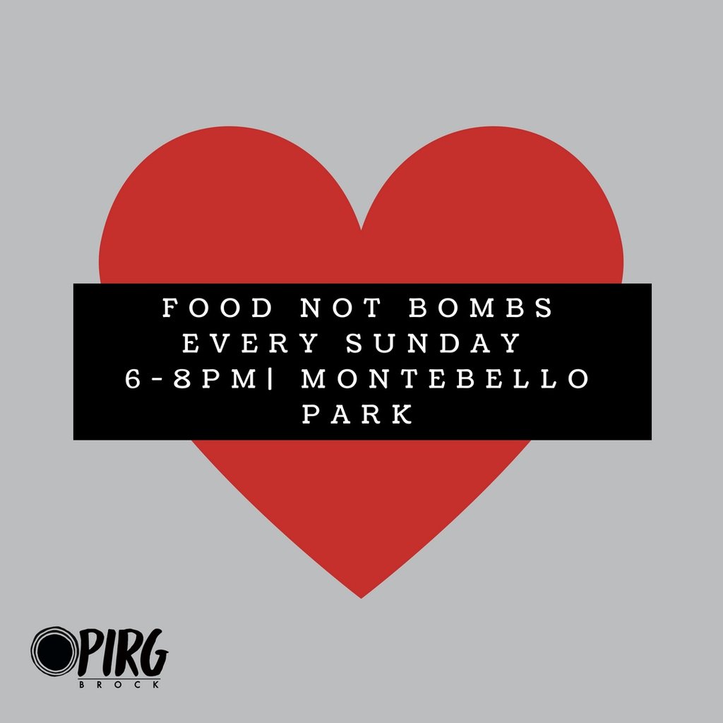 Kevvinhn's tweet photo. Food Not Bombs, one of OPIRG Brock’s action groups, will be having their (free!) food serving at Montebello Park downtown between 6-8PM tomorrow! FNB world-wide grassroots organization dedicated to raising awareness about food politics, &amp; connections to international militarism. https://t.co/1g9EddDHv8