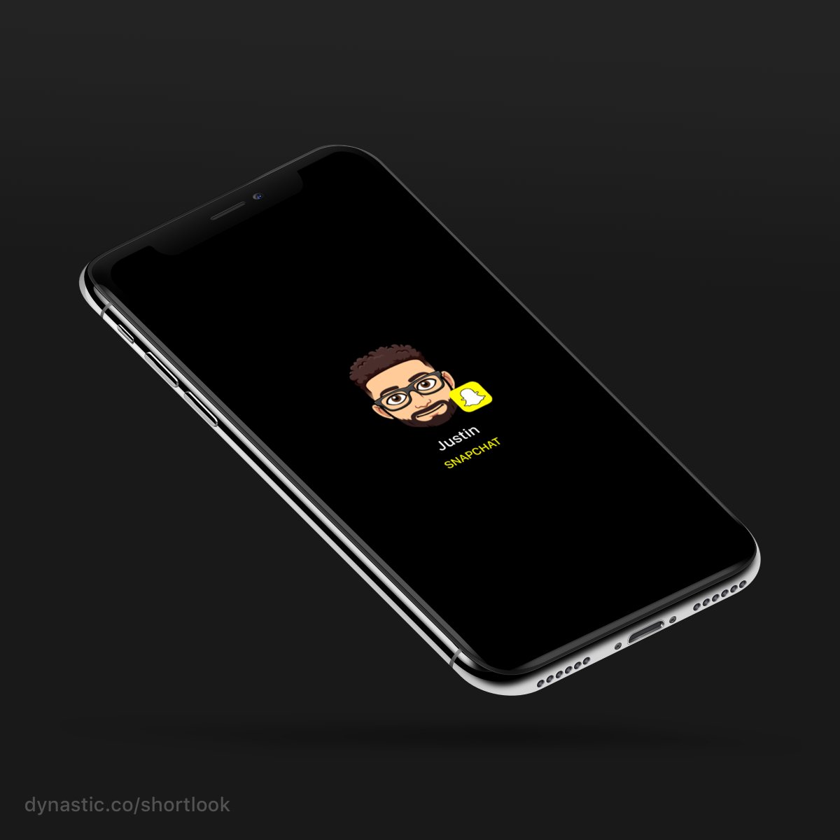 An iPhone X on a dark background displaying the jailbreak tweak 'ShortLook', placing a notification from someone named "Justin" on the screen along with their Snapchat avatar.