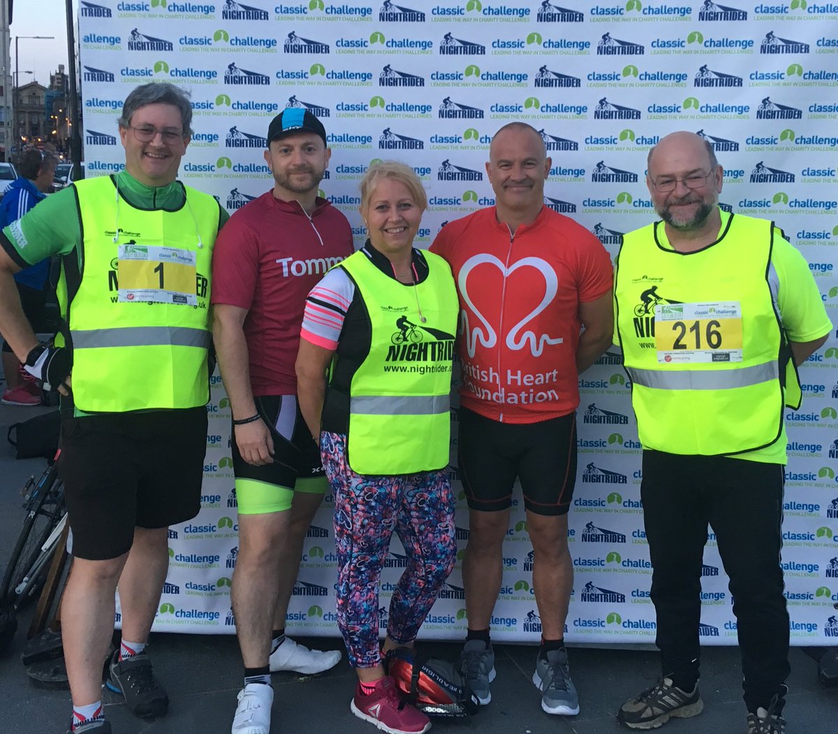 NightriderBike's tweet photo. We’d like to say a very special welcome to the 2018 #Treble Rider Club! These amazing 5 people have cycled #Glasgow and #London #Nightrider and are about to take on #Liverpool! Good luck guys! #TrebleClub #cyclingStars https://t.co/DW70K8PQUS