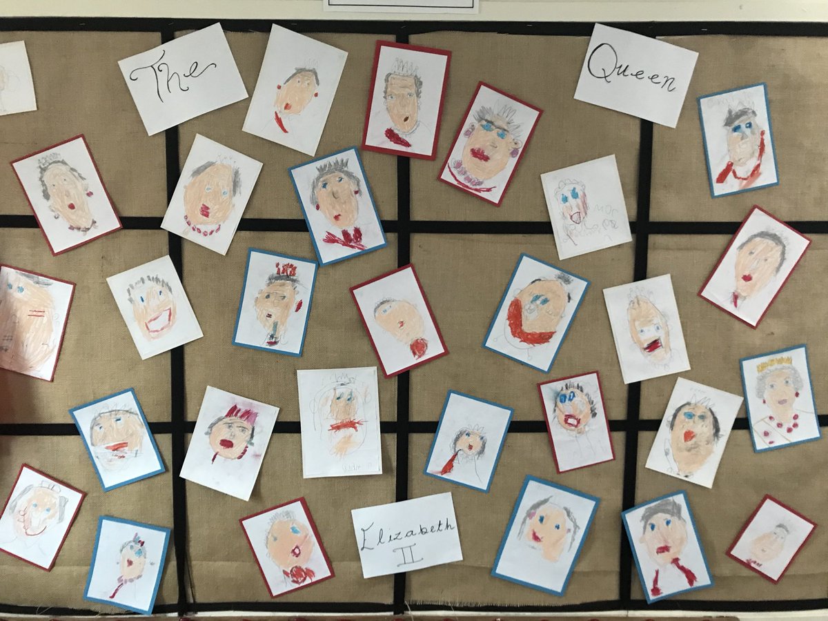 HGPAReception's tweet photo. Look at our amazing portraits of #TheQueen ! We have been learning about England and the #RoyalFamily @RoyalFamily #Reception https://t.co/vRPZw1uMNi
