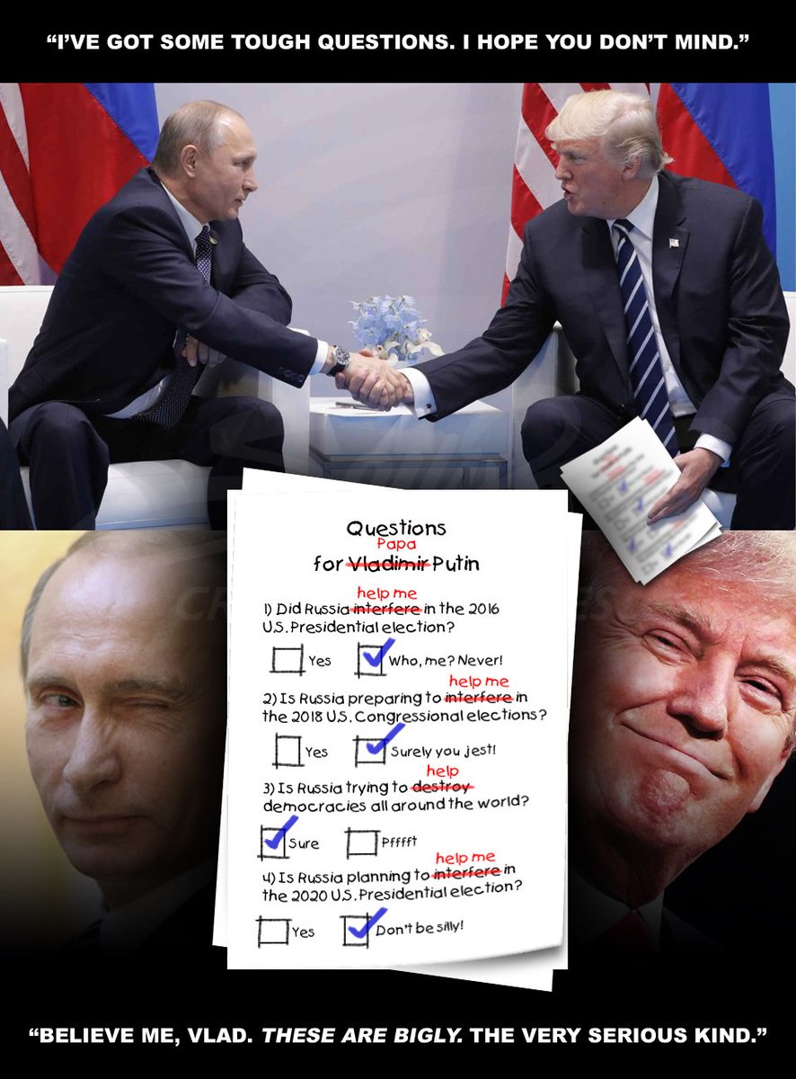 emscharf's tweet photo. @RepTedLieu @POTUS #ComradeCollusion - our very own #PretenderInThief - already has a #QualityQuiz ready to 'push' on Putin. It was so good the first time, he thought "If I do not use THIS again, it'd be a crime!" https://t.co/miU0CnJIi7