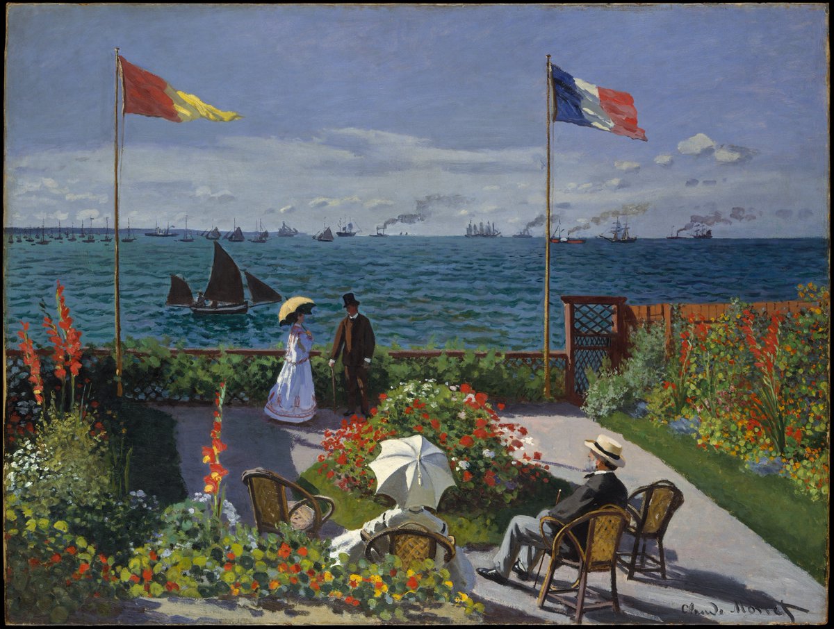 The tricolor, one of the symbols of #BastilleDay, enjoys a distinctive presence in Monet’s “Garden at Sainte-Adresse” where the French flag is echoed in the composition with its flat banding of sky, sea, and land (garden). met.org/2ukfC7z #ParksandGardens