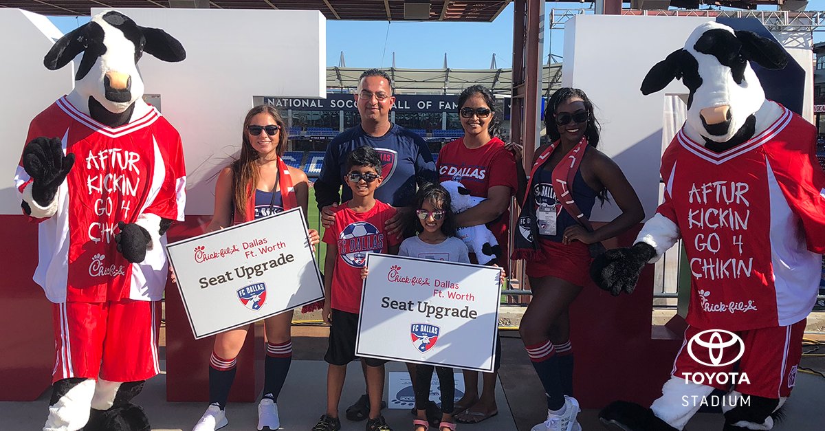 ToyotaStadiumTX's tweet photo. Congrats to today’s @ChickfilA #CFADFWSeatUpgrade winners,  Abraham family, who are here for their very first FC Dallas match! #FCDvCHI https://t.co/ONqSxqPjz2