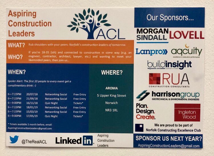 Are you 18-35(ish) and connected with the #construction industry? If so <a href="/TheRealACL/">Aspiring Construction Leaders</a> invite you to meet with like minded peers - #Norfolk construction leaders of the future! Please share with your colleagues and Retweet <a href="/edpbusiness/">EDP Business</a> <a href="/CITB_UK/">CITB</a>