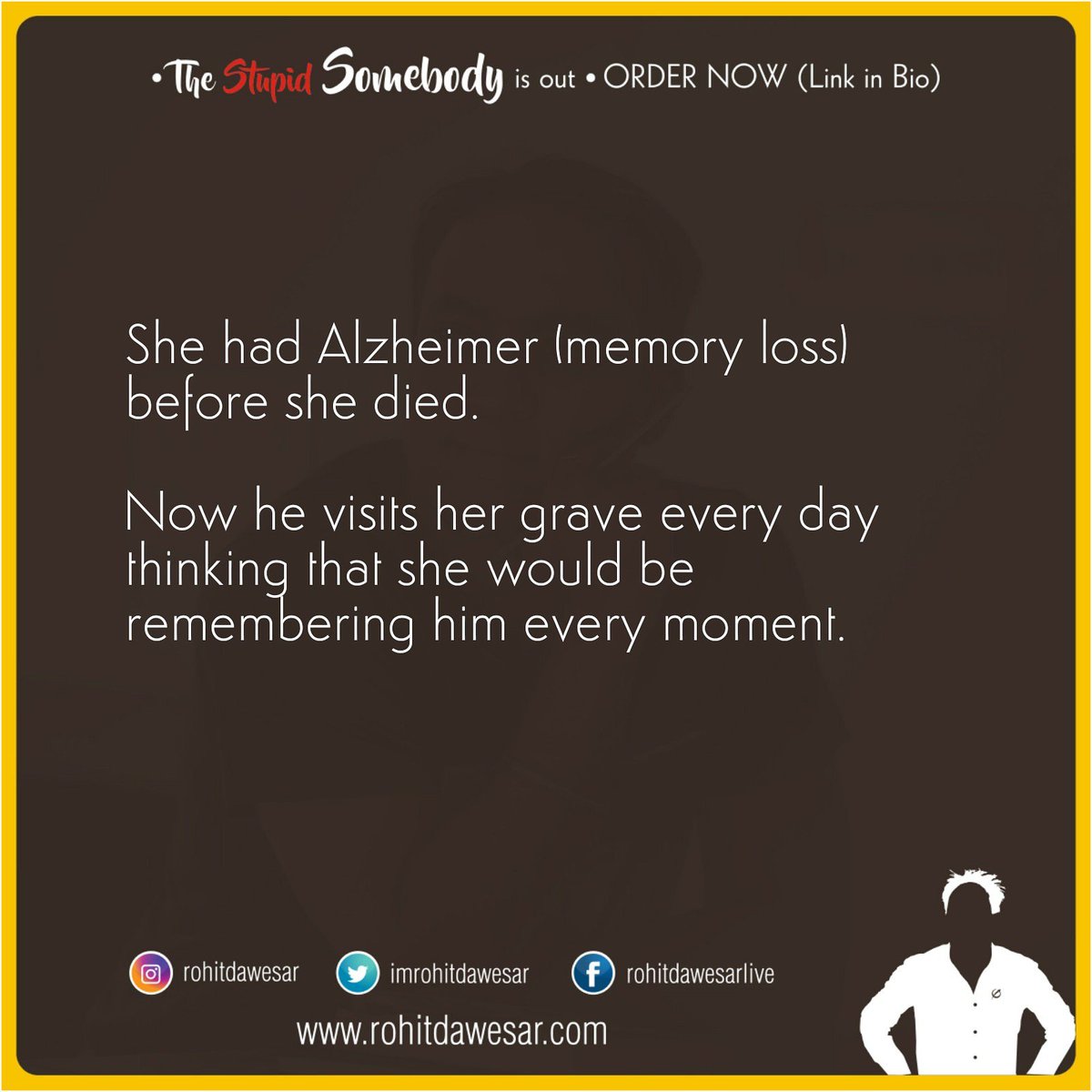 'Alzheimer'
New NanoTale 😊

Watch for NanoTales every Wednesday and Sunday. ❤️
.
.
#NanoTale #ShortStories
#TheStupidSomebody #TSS
#ToyShop #Toys #Alzheimer #MemoryLoss 
#NanoTalesByRohit #BestSeller #Bestsellers #BestsellingAuthor #BestSelling #Novel #BestsellerNovel #Love