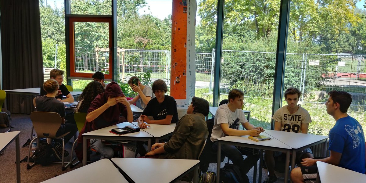 CherryHillGAPP's tweet photo. Friday was our last official day at school at Gymnasium Puchheim.  10 or so students made presentations followed by friendly small-group discussions in an English class.  As well, many CH students took part in a type of field day, giving tips about Basketball #chgapp2018 https://t.co/Q2yXF39CzD