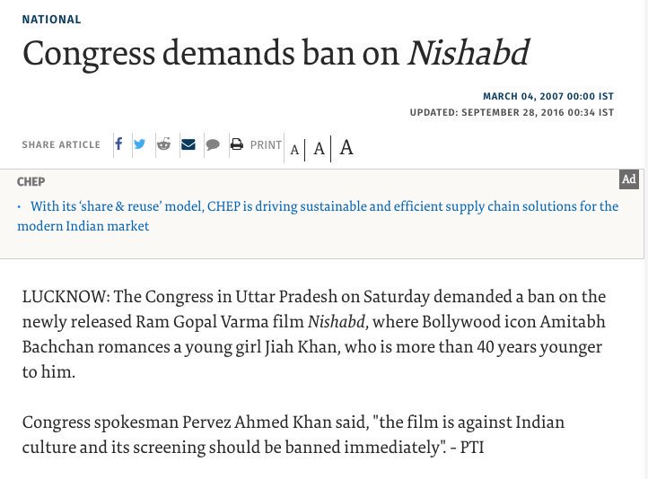 36.  @INCIndia DEMANDED a BAN on the film Nishabd.  @RahulGandhi stayed SILENT.  http://www.thehindu.com/todays-paper/tp-national/Congress-demands-ban-on-INishabd-I/article14728754.ece