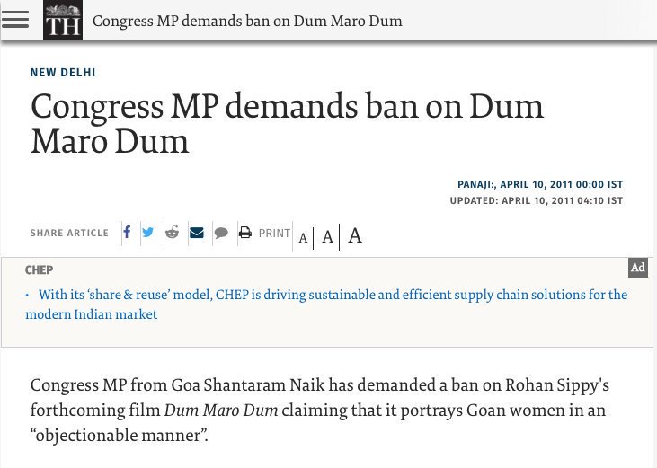 39.  @INCIndia MP DEMANDED a BAN on the film Dum Maro Dum, because it portrayed Goan women in an objectionable manner.  @RahulGandhi stayed SILENT.  http://www.thehindu.com/todays-paper/tp-national/tp-newdelhi/Congress-MP-demands-ban-on-Dum-Maro-Dum/article14678029.ece