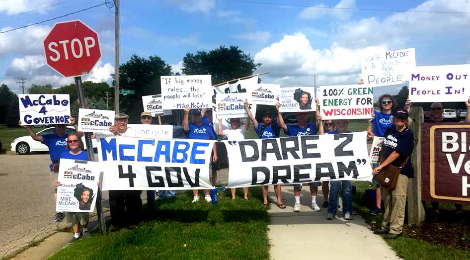 embee503's tweet photo. Lots of @McDenimRebel supporters in Janesville today for @SenSanders and @tammybaldwin rally. We see Mike as #Wisconsin's Bernie. Mike knows how toxic big money is in politics. He doesn't have big donors. #wigov #wipolitics #peoplepowered #mcCabe4gov #teammcCabe https://t.co/B2cSBJoWvq