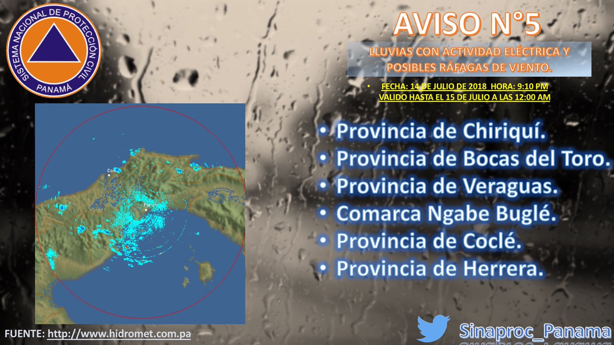 Sinaproc_Panama's tweet photo. Aviso 5 de lluvias con actividad eléctrica y ráfagas de viento para las siguientes localidades. https://t.co/fIEMYXaBBy