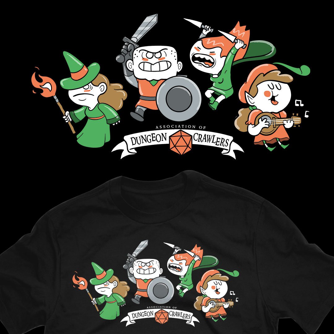 teefury's tweet photo. DAILY TEE | Get “Dungeon Crawlers Association” by #queenmob for $12 today only at #TeeFury! ⚡️ Shop now: https://t.co/jq4jrETLrN https://t.co/faW8RPX4uO