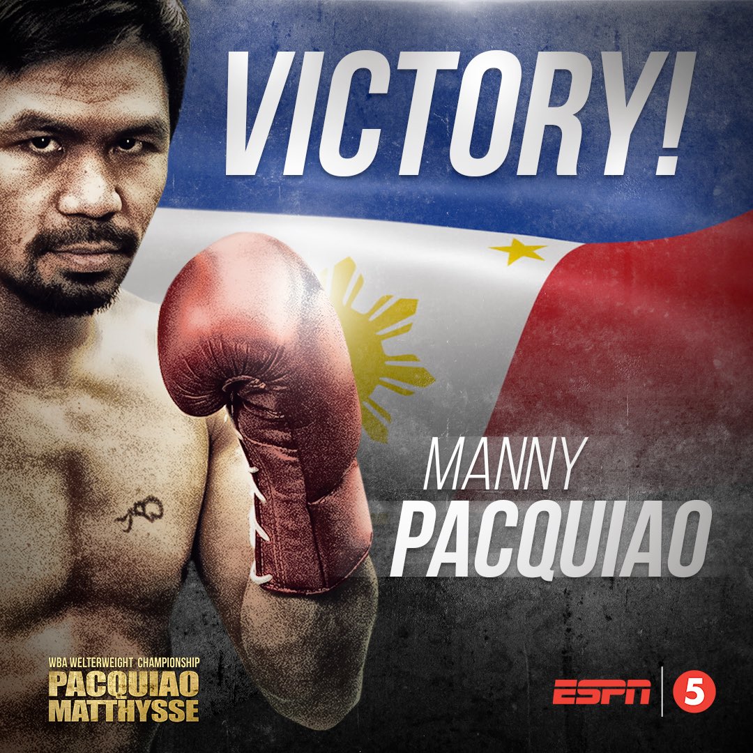OneSportsPHL's tweet photo. 60th win. First TKO victory in NINE years. A world champion once again!!!

Congratulations to the NEW WBA Welterweight Champion, @mannypacquiao! 🇵🇭🥊 #PacquiaoMatthysse https://t.co/4f9OGIJz76