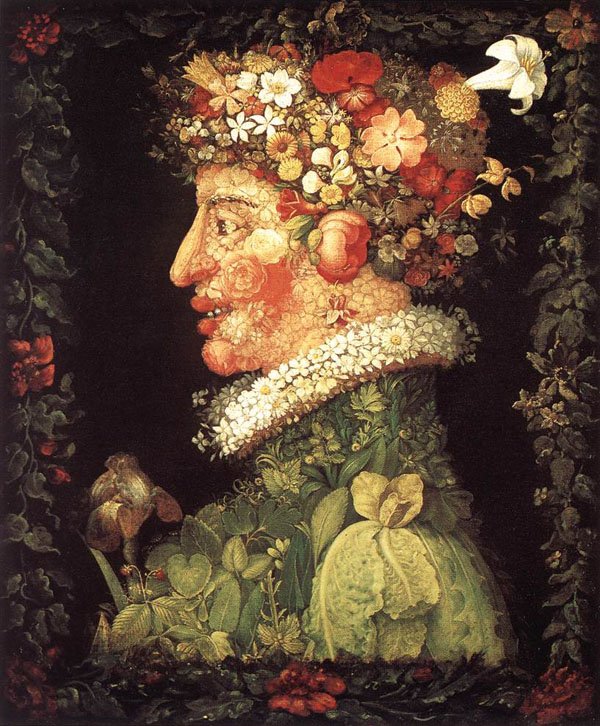 「四季　春」アルチンボルド 1573年 春に芽吹く花を始めとする植物から構成され、マクシミリアン2世がザクセン選帝侯アウグストに進呈する為に依頼し、制作された作品。