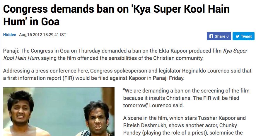 22.  @INCIndia DEMANDED a BAN on the film Kya Super Kool Hain hum, for offending the sensibilities of Christians.  @RahulGandhi stayed SILENT.  http://www.firstpost.com/entertainment/congress-demands-ban-on-kya-super-kool-hain-hum-in-goa-420165.html
