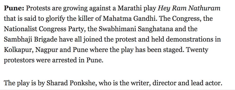 28.  @INCIndia protested, DEMANDED a ban on Sharad Ponkshe's play Hey Ram Nathuram.  @RahulGandhi stayed SILENT.  http://indianexpress.com/article/india/congress-ncp-protest-against-staging-of-hey-ram-nathuram-in-nagpur-4489620/