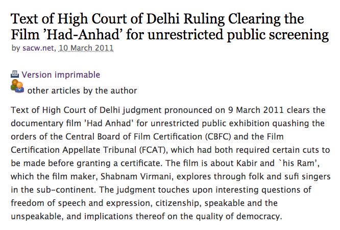 29. CBFC under  @INCIndia virtually BANNED the film Had Anhad. The High Court REBUKED CBFC & FCAT, cleared the film for viewing.  @RahulGandhi stayed SILENT.  http://www.thehoot.org/free-speech/censorship/censoring-kabir-anything-s-possible-8549