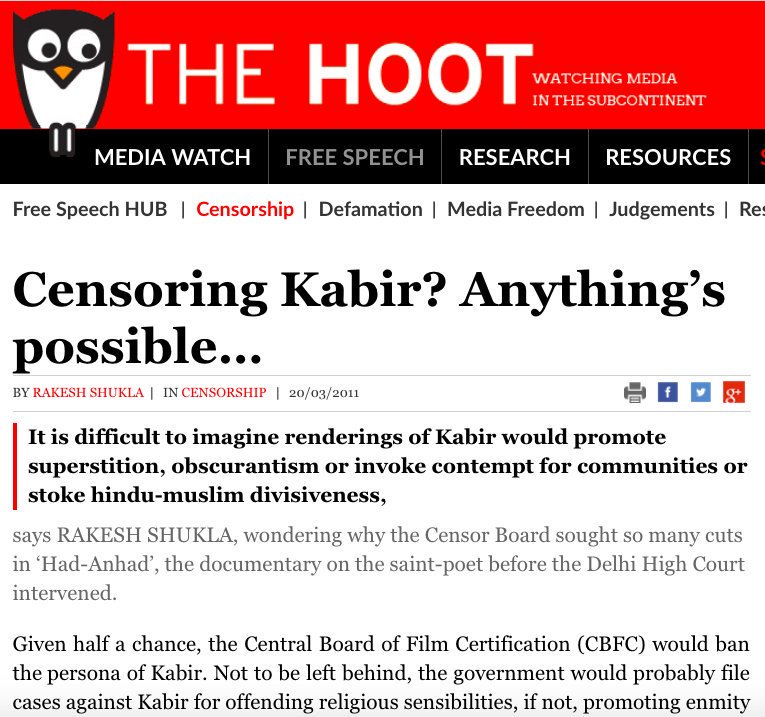 29. CBFC under  @INCIndia virtually BANNED the film Had Anhad. The High Court REBUKED CBFC & FCAT, cleared the film for viewing.  @RahulGandhi stayed SILENT.  http://www.thehoot.org/free-speech/censorship/censoring-kabir-anything-s-possible-8549