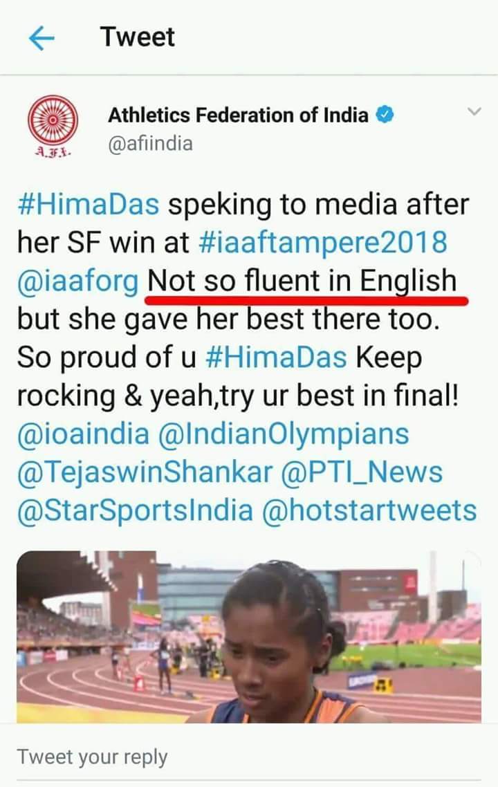 anarya_sandeep's tweet photo. @NitinRaut_INC @HimaDas8 एथेलेटिक्स फेडरेशन ऑफ इंडिया वालो को कोई बताये की #HimaDas गोल्ड जीतने गयी थी।
इंगलिश का पेपर देने नही।
#HinaDas बहना आपको बधाई। https://t.co/XElgfWa7e1