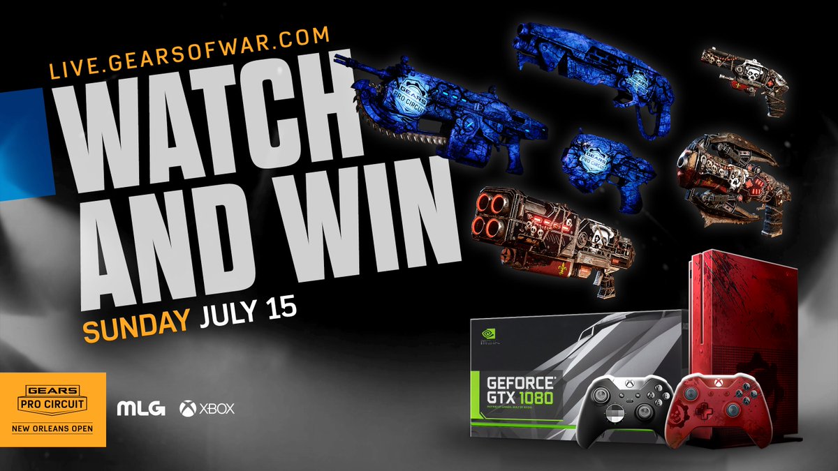 Tune into the stream at live.gearsofwar.com for a chance to win exclusive prizes!

⚙️Gears of War 4 LE Xbox One
🎮Xbox Elite Controller
🖥️NVIDIA GeForce GTX 1080 Graphics Card
😎Exclusive weapon skins
...and more!

Info: gearsofwar.com/esports/GPC-NO…