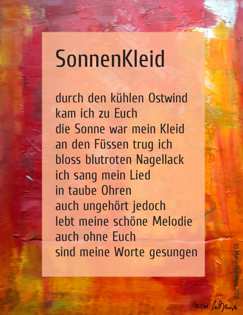 monehartman's tweet photo. Lese-Quickie zum Sonntag: Sonnenkleid
#kurzlyrik #micropoetry #gedicht #gedichte #lyrik #literatur #germanpoetry #kurztext #text #textart #textbild https://t.co/PzhotV37gM