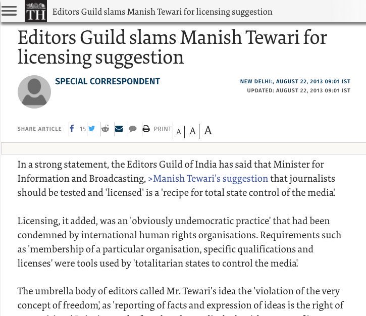 41.  @INCIndia wanted to dish out LICENSES to journalists, that could then be TAKEN AWAY by the govt on its discretion.  @RahulGandhi stayed SILENT. (via  @tarun_197)  http://www.thehindu.com/news/national/editors-guild-slams-manish-tewari-for-licensing-suggestion/article5047951.ece