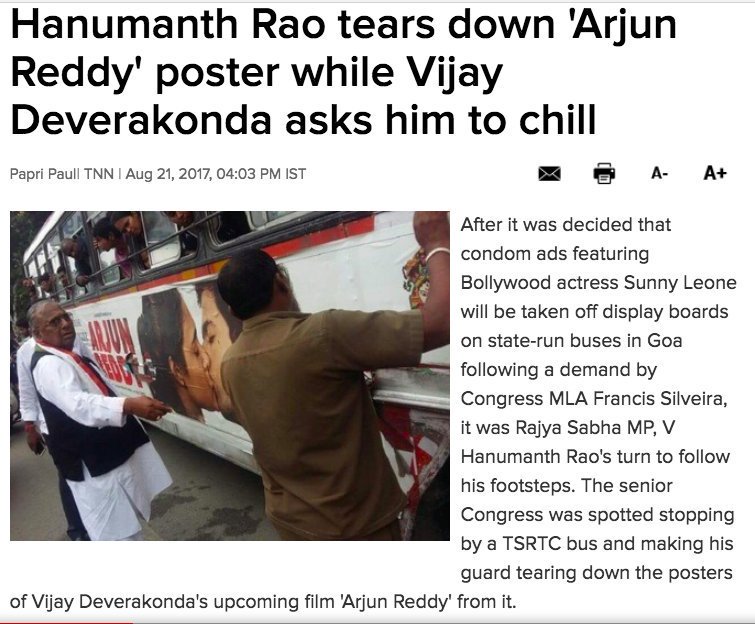 44.  @INCIndia MP TORE DOWN posters of the film Arjun Reddy saying they ruined the minds of youngsters, DEMANDED a ban.  @RahulGandhi stayed SILENT. (via  @prasanth439)