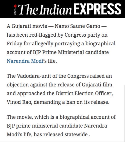 45.  @INCIndia DEMANDED a BAN on the film Namo Saune Gamo, based on the life of  @narendramodi.  @RahulGandhi stayed SILENT.  https://www.theindianpanorama.news/india/congress-demands-ban-on-gujarati-flick-namo-saune-gamo/