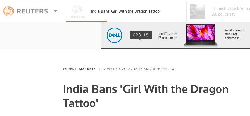 47. CBFC under  @INCIndia virtually BANNED the film, The Girl With the Dragon Tattoo.  @RahulGandhi stayed SILENT.  https://www.reuters.com/article/idUS122486517520120129