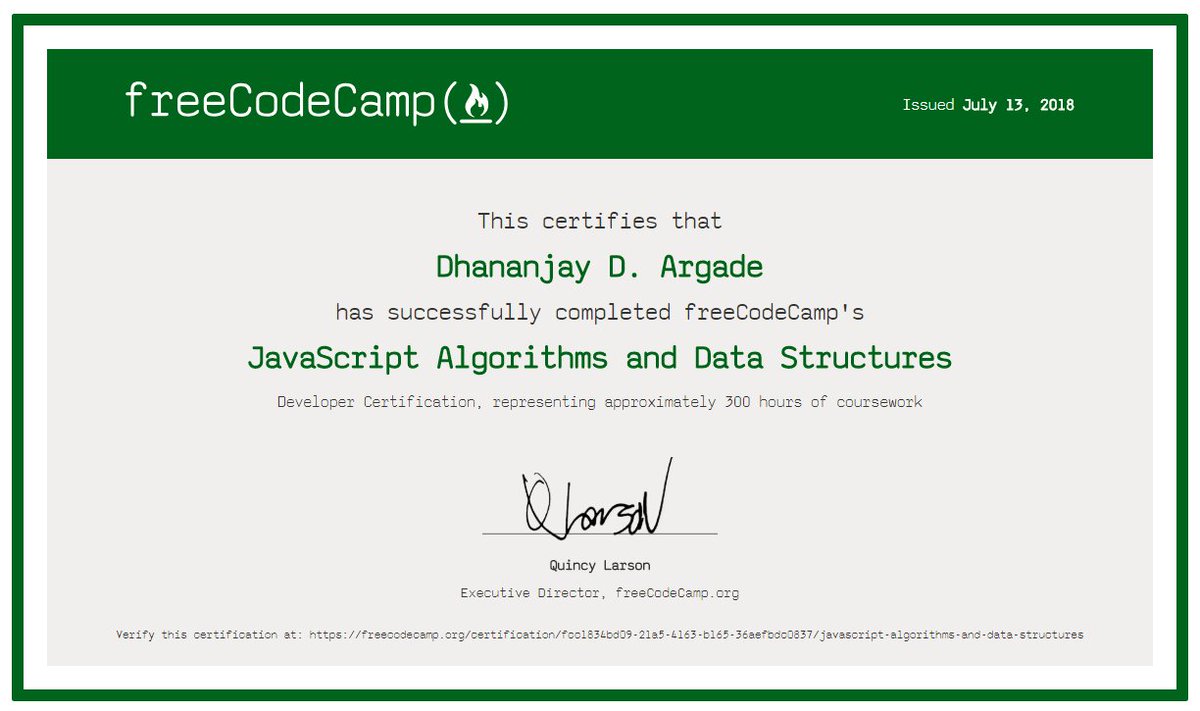 rdhananjay7's tweet photo. Feels good to have completed #freeCodeCamp's Javascript Algorithms And Data Structures Certification to soon start  with #100DaysOfCode https://t.co/aF2V74WXyx
