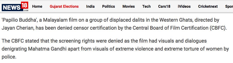 56. CBFC under  @INCIndia DENIED film certificate to Jayan Cherian's famous Dalit film Papilio Buddha; BANNED it from IFFK.  @RahulGandhi stayed SILENT. (via  @loosebool)  http://www.news18.com/news/india/papilio-buddha-censor-board-denies-certification-504310.html