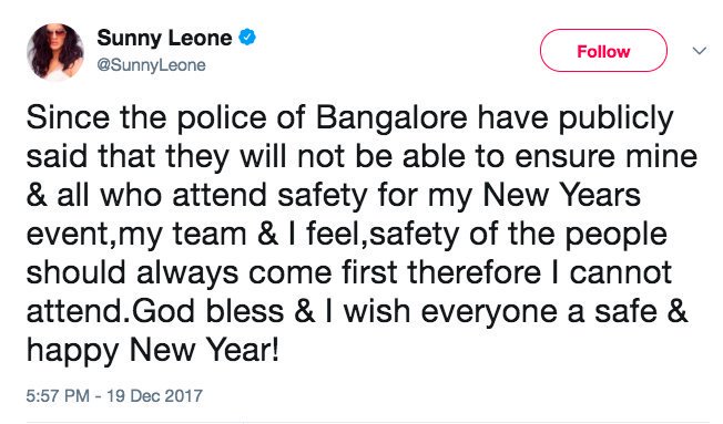 64.  @INCIndia INSTRUCTED authorities to BAN  @SunnyLeone from expressing her freedom to act and perform a show. Police under  @INCIndia REFUSED to promise safety for her and her crew.  @RahulGandhi stayed SILENT.  http://indiatoday.intoday.in/story/sunny-leone-bengaluru-new-year-bash/1/1113887.html