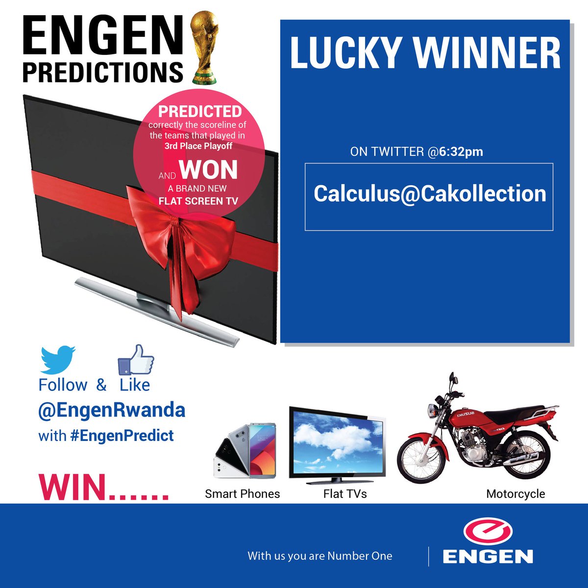 VivoEnergyRw's tweet photo. Ladies & Gentlemen, After long deliberations and verification of time of entries on both #EngenRwanda's Facebook & Twitter, The Winner of 3rd Place Playoff prediction is @Cakollection
He also becomes the luckiest winner of #EngenPredict's history for winning twice. Congrats๐๐ https://t.co/mPkEzpgBHe