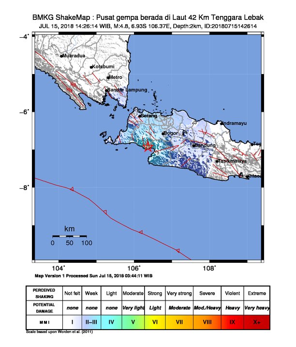 infoBMKG's tweet photo. #Gempa Mag:4.8, 15-Jul-18 14:26:14 WIB, Lok:6.93 LS, 106.37 BT (Pusat gempa berada di Laut 42 Km Tenggara Lebak), Kedlmn:2 Km Dirasakan (MMI) II-III Pelabuhan Ratu, II-III Cisolok, II-III Malimping, II-III Panimbang, II-III Cicurug #BMKG https://t.co/IfHTVYCU4U