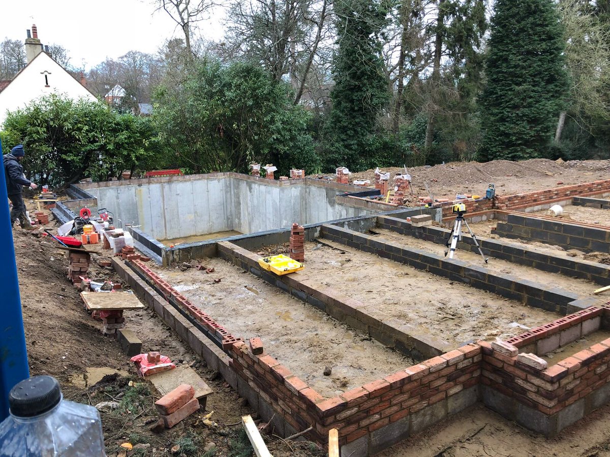 DistinctLtd's tweet photo. Chorleywood project - brick work team battled with the weather but still managed to keep on schedule! Ready for block and beam!! #builders,#developers,#brickwork,# https://t.co/oCzpyT9Kyf