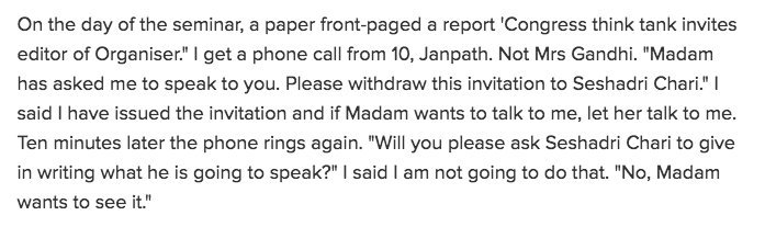 67.  @INCIndia's Sonia Gandhi [10 Janpath] rang up  @bibekdebroy, Director (Research) of RGICR after learning he had invited Editor of RSS'  @eOrganiser, DEMANDING withdrawal of invitation.  @RahulGandhi stayed SILENT.  https://timesofindia.indiatimes.com/india/Intolerance-has-always-existed-Niti-Aayogs-Bibek-Debroy/articleshow/49666174.cms