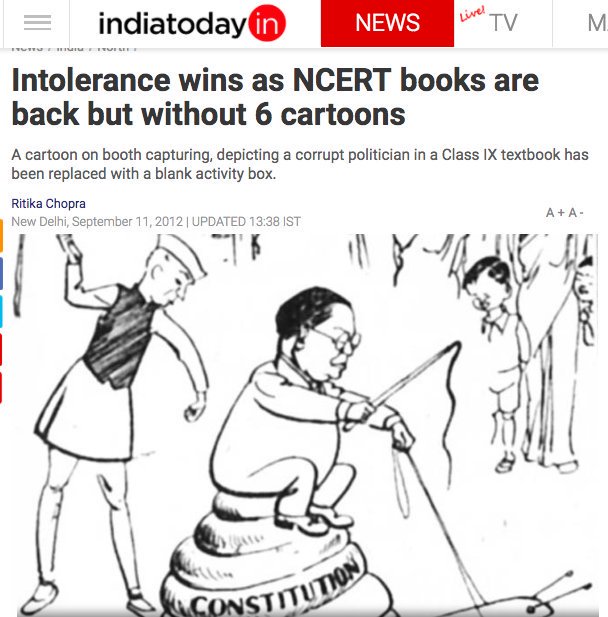 71.  @INCIndia's  @KapilSibal BANNED from textbooks a 50 year old cartoon by Shankar; APOLOGISED for it being present in the first place.  @RahulGandhi stayed SILENT.  http://www.thehindu.com/news/national/scholars-quit-textbook-body-as-government-bans-1949-cartoon/article3409271.ece