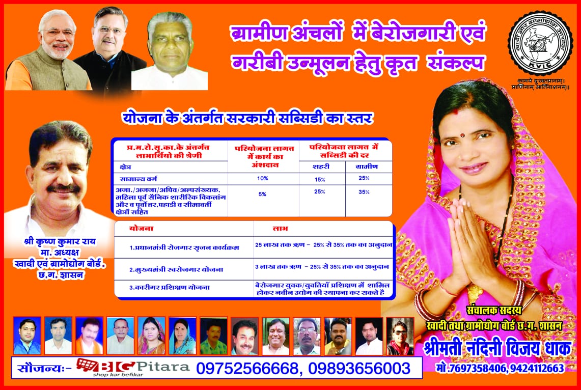 DhakNandini's tweet photo. माननीय प्रधानमंत्री श्री मोदी जी की सोंच ग्राम उदय से भारत उदय को जमीन पर उतारने के लिए गुंडरदेही विधानसभा (छत्तीसगढ़)में खादी ग्रमोउद्योग बोर्ड की योजनाओ को होडिंग के द्वारा जनता तक पहुंचाने की पहल की @Narendramodi_PM @drramansingh @dharam_kaushik #MeriPahal https://t.co/f73ZvdZGeg