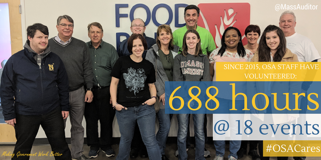 auditorarchive's tweet photo. From collecting items for homeless shelters to sorting food at local food pantries, our staff are not just dedicated to public service, but to giving back to their community. Since 2015, OSA employees have volunteered at 18 different events across MA. #OSACares #MAPoli https://t.co/hbZ0sTfYbF