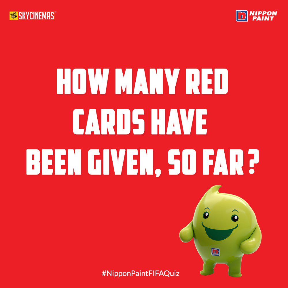 NipponIndia's tweet image. #ContestAlert 

Q6 ) How many red cards have been given,So far 
#FIFAWorldCup2018 

Mention #NipponPaintFIFAQuiz with your answer in order to have your answers considered. 

#ColoursThatScore
#NipponPaint