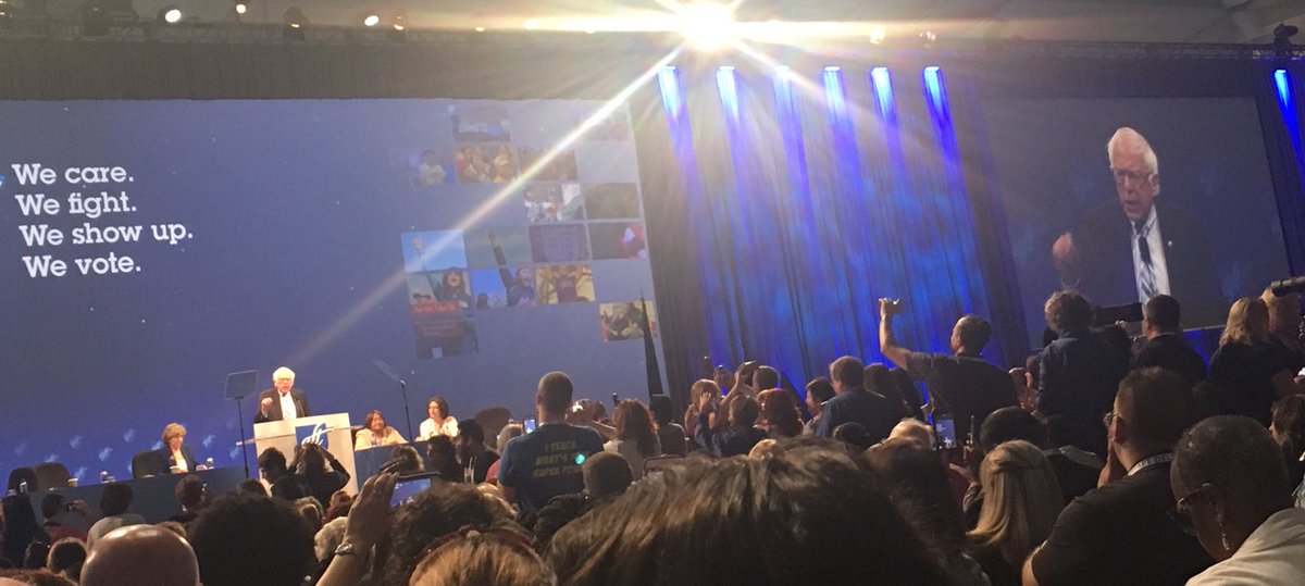 DeniseSpecht's tweet photo. We have a Supreme Court who does the bidding for the wealthy and powerful. I have a feeling those who thought the #Janus decision would kill unions are in for a BIG surprise. @SenSanders to @AFTunion  #AFT18 #IamAFT https://t.co/2WgO8AygOs