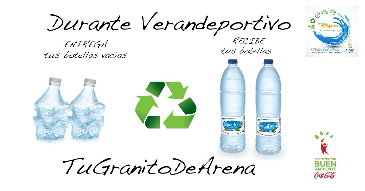verandeportivo's tweet photo. #TuGranitodeArena una campaña @Verandeportivo 2018 con carácter social y medioambiental. Gracias a todos los participantes en #vdo18 por su colaboración, con 2x2 tú entregas la botella vacía y nosotros reciclamos y entregamos otra fresca.
#eventosconbuenambiente @CocaCola_es https://t.co/VN1Nfm8kix