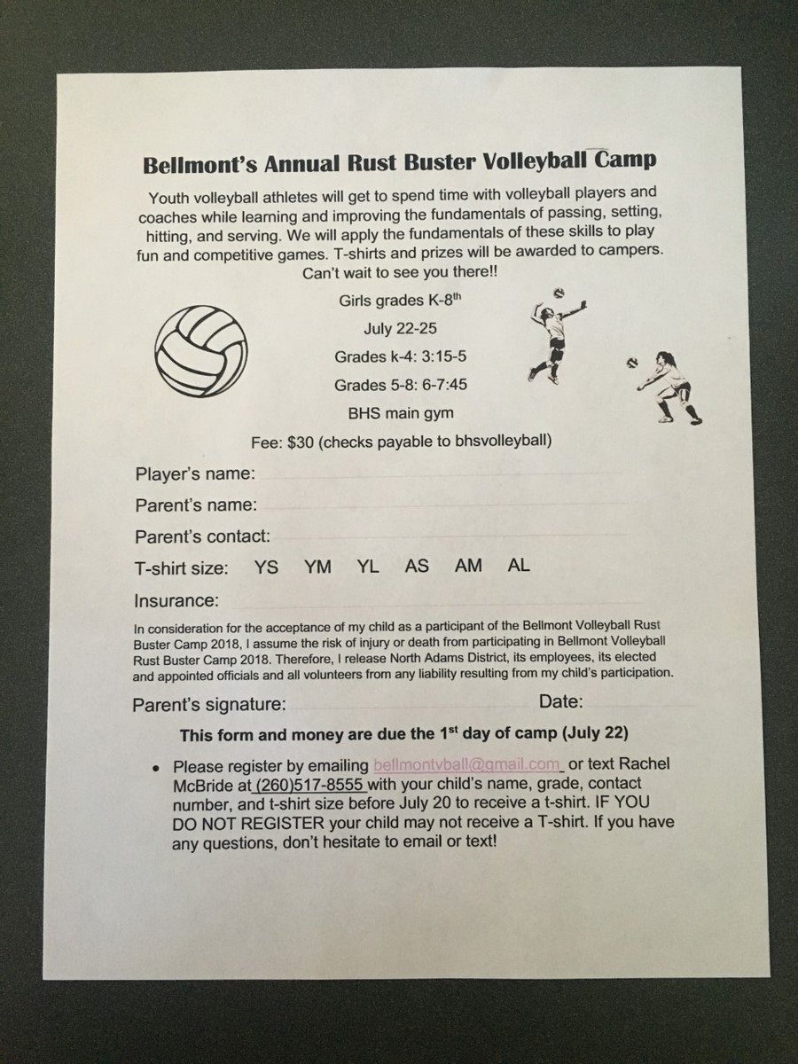 BellmontVB's tweet photo. One week away from the start of Volleyball Youth Camp.  Make sure to register (info on form) to get your spot secured. #squawd https://t.co/wXDHNOB6dN