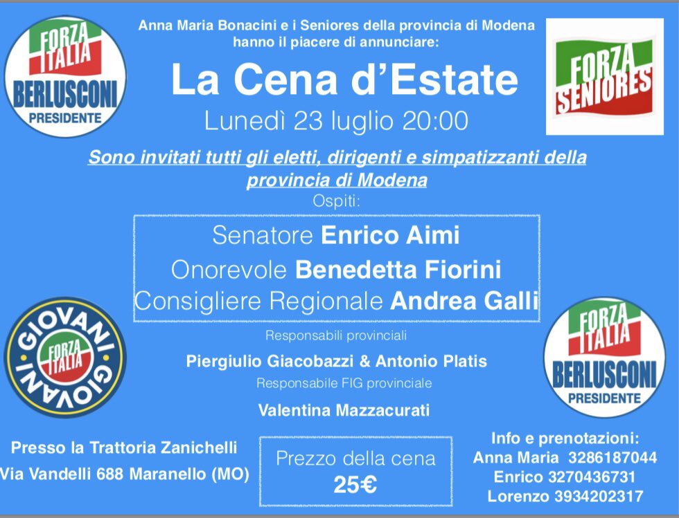 SEI UN APPASSIONATO DI POLITICA?FAI GIÀ PARTE DI FI? #VIENIANCHETU alla cena d’estate di Forza Italia Modena. occasione per stare insieme e per prepararci alle sfide che ci aspettano! #forzaitalia #modena #provinciadimodena #FIG #benedettafiorini #enricoaimi #andreagalli