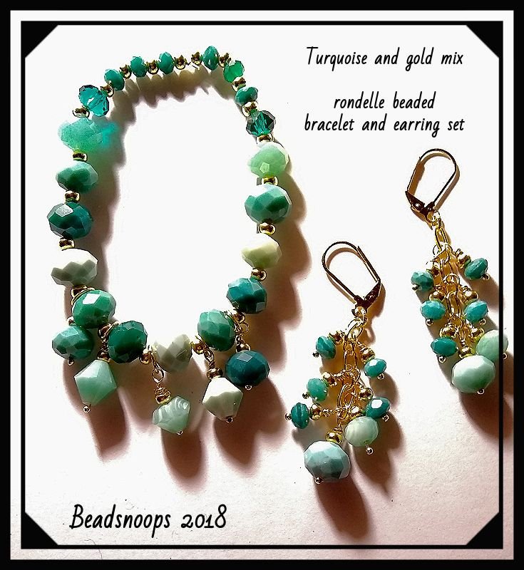 Excited to share the latest addition to my #etsy shop: Turquoise and gold-Rondelle (stretchy) beaded bracelet and dangle earring set etsy.me/2zDQYnn #jewelry #blue #gold #bracelet #women #beadsnoops #handmadebysheila #turquoise #rondellebeads