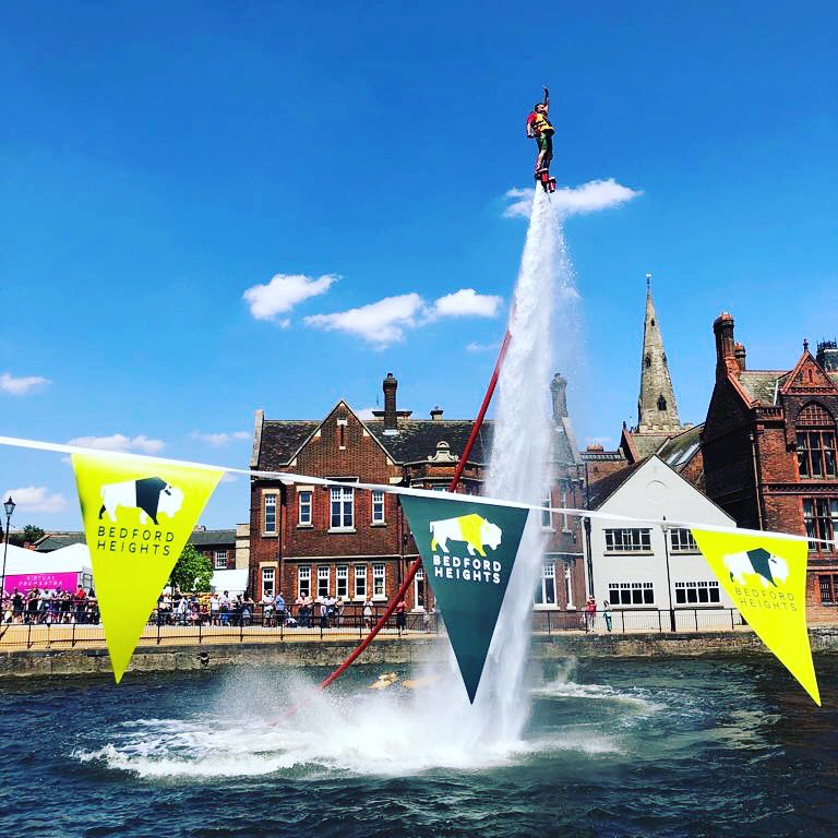 The Water Jet Pack Stunt Man reaches new Heights at #bedfordriverfestival #aquaticjetpacks #waterjetpack #rivergreatouse #riversidebedford #BedfordHeights #businesscentre