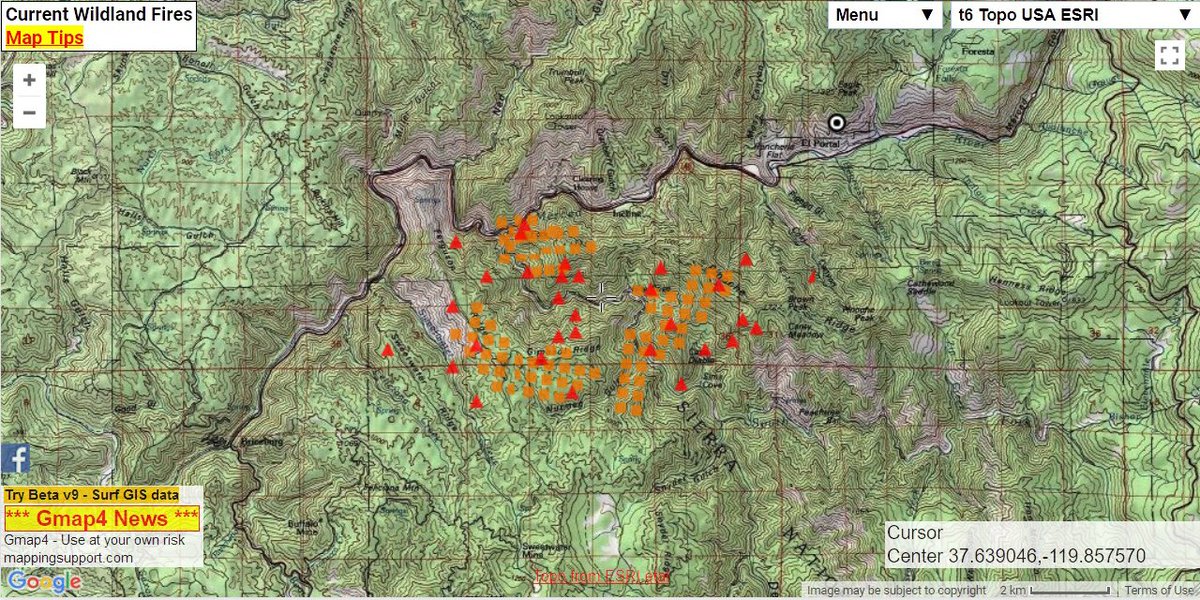MappingSupport's tweet photo. Sunday 7/15 #FergusonFire. I am launching a new fire map tomorrow. Please open the map and read “Gmap4 News” in lower left corner. This map shows satellite hotspots. For legend and more info click "Map tips". Open online map: https://t.co/QgztYuPSvO #GeoSpatial https://t.co/H6phIoVWPx
