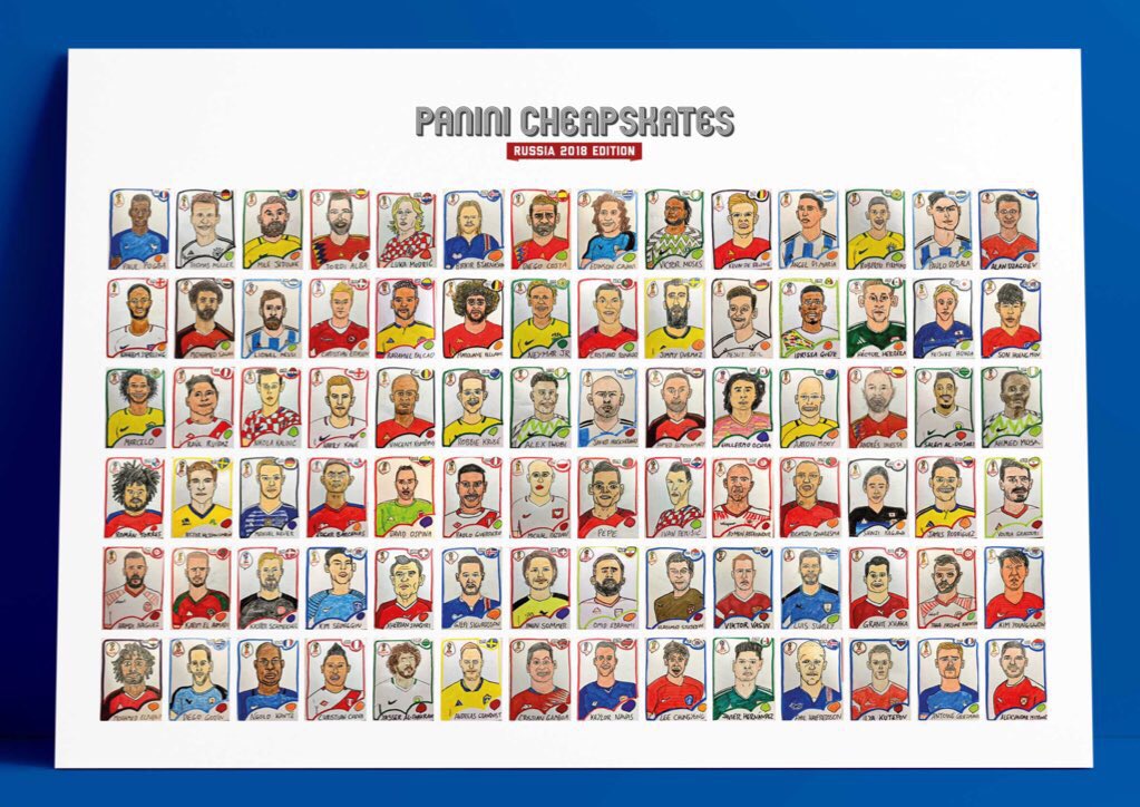 CheapPanini's tweet photo. 🎉COMPETITION🎉
As it’s the last day of A) the World Cup and B) our charity quest to draw all 682 Panini stickers, we’re giving away our last A2 print, featuring 84 Panini disasterpieces, including the worst picture of Marouane Fellaini ever drawn by human hands. RT to win ❤️ https://t.co/CLYa3fcdGq