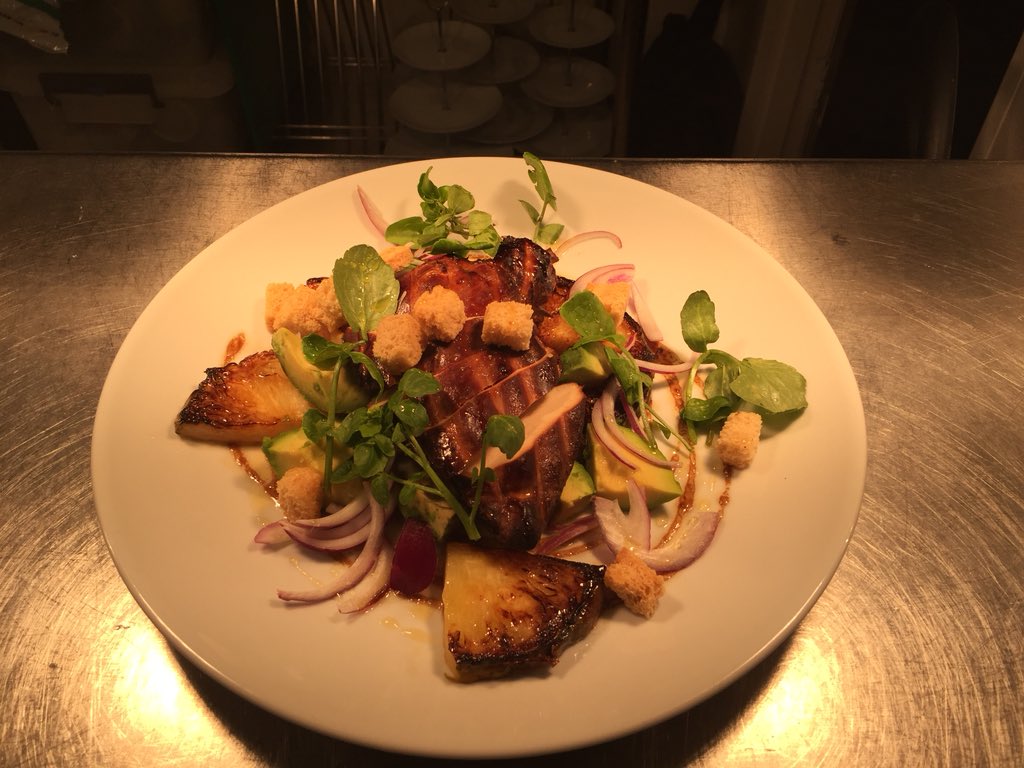 Apple wood smoked chicken, chard pineapple, watercress, avocado &amp; red onion just one of the dishes off the lunch menu going down very well