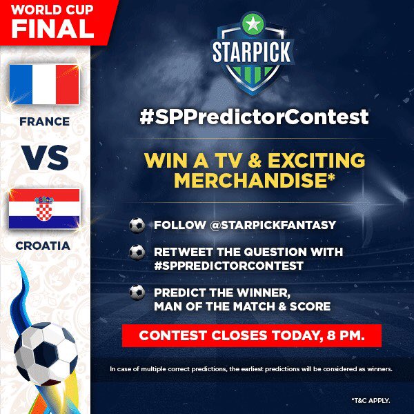 SayyedJenifer's tweet photo. #contestAlert
Participate in the #starpick #SPPredictorcontest.
Follow the three simple steps and lead yourself to a victory.A branded 43” flat screen LED TV is up for grabs for 1st place and other exciting merchandise.
Contest ends on July 15, 8 pm .
@StarPickFantasy https://t.co/yrTGgeH7ii
