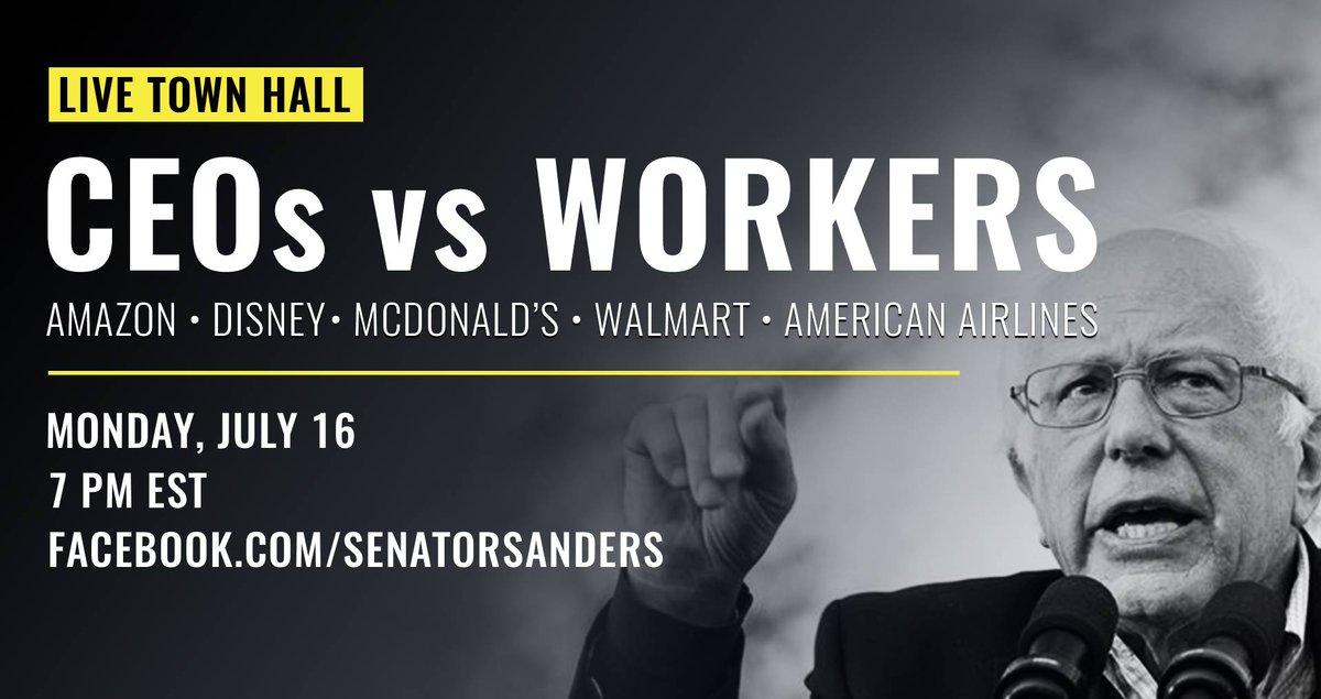 SenSanders's tweet image. I hope American Airlines CEO Doug Parker will come to our town hall tomorrow at 7 PM ET to explain why it's acceptable that he receives a huge compensation package while his employees struggle to afford food: facebook.com/events/8872149…